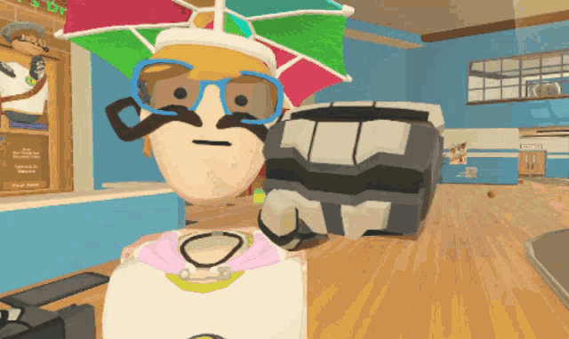 a cartoon character wearing sunglasses and an umbrella stands in front of a sign that says " your home "