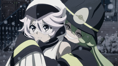 a couple of anime characters hugging each other with one wearing a hat with a plane on it