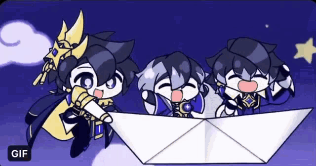 a group of cartoon characters are floating in a paper boat with the word gif at the bottom right
