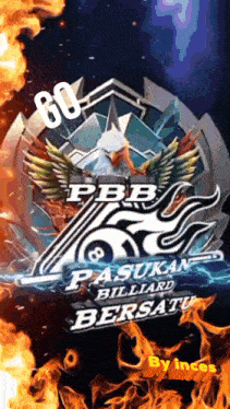 a logo for pbb pasukan billiard bersatu with an eagle and flames