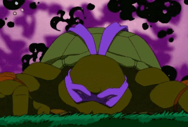 a teenage mutant ninja turtle with purple eyes