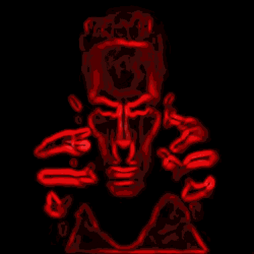 a drawing of a skeleton with a red and blue glowing head