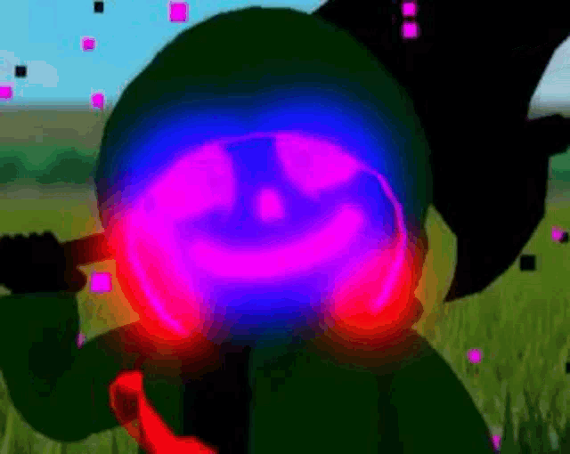 a cartoon character is holding a gun in a field and has a glowing face on his face .