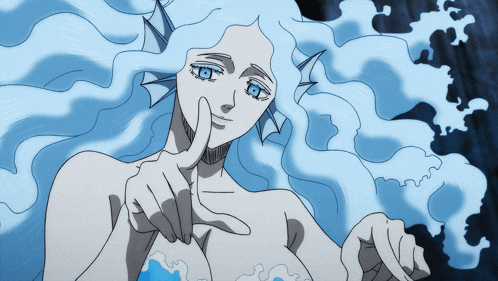 a naked woman with blue eyes and white hair is holding her finger to her mouth