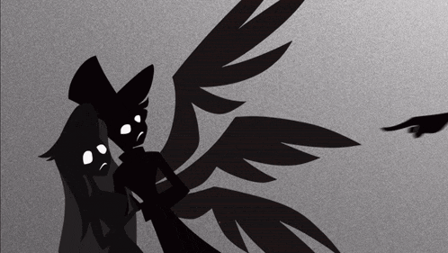 a silhouette of a person with wings and a hand pointing at them