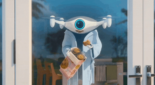 a robot is holding a bag of cookies and a bag of fried chicken