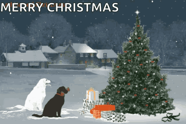 a merry christmas greeting card with two dogs and a christmas tree in the snow