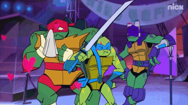 a group of teenage mutant ninja turtles holding swords
