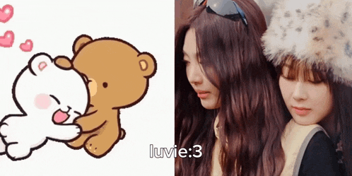 a cartoon of a teddy bear hugging a white bear next to a picture of two women with the caption luvie 3