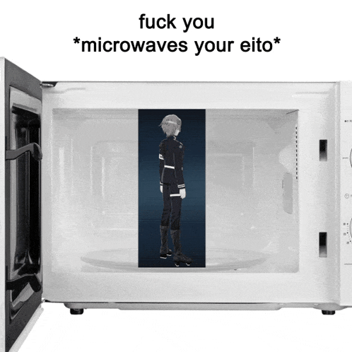 a microwave with a picture of a man and the words " fuck you * microwaves your eito * " on top