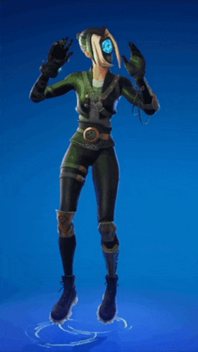 a woman in a green and black outfit is standing on a blue background