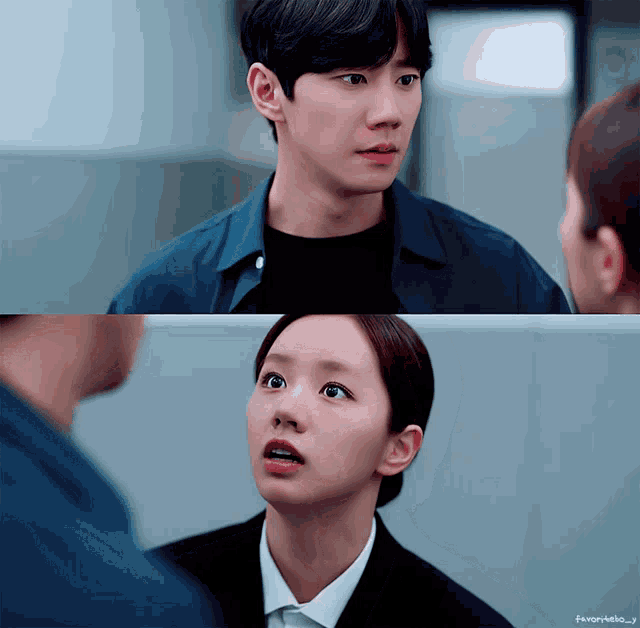 a man and a woman are looking at each other with a caption that says favoritello