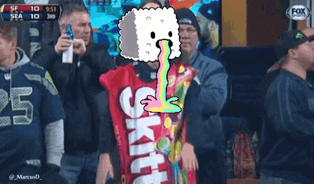 a person wearing a skittles costume stands in a crowd of people