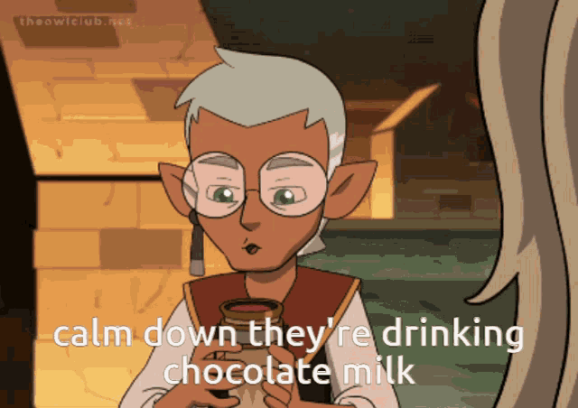a cartoon character with the words calm down they 're drinking chocolate milk below him