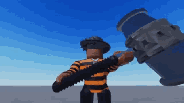 a roblox character is holding a large hammer and a sword .