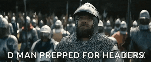 a man in chain mail stands in front of a crowd of soldiers with the words d man prepped for headers above him