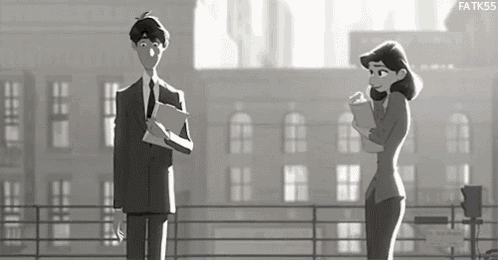 a man and a woman are standing next to each other in a black and white cartoon .