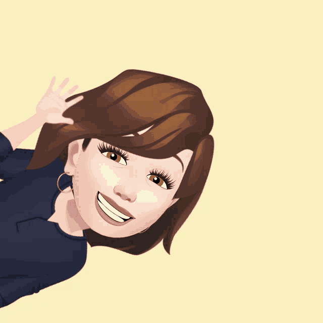 a cartoon drawing of a woman with brown hair smiling and waving