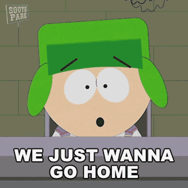 a cartoon character with a green hat says we just wanna go home