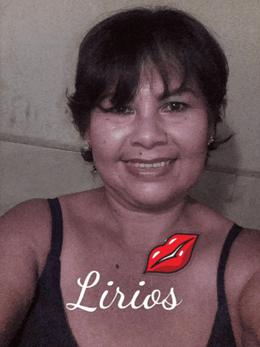 a woman with a red lip and the word lirios written on her chest