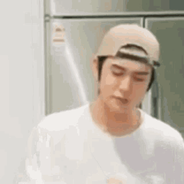 a young man wearing a baseball cap is standing in front of a refrigerator .