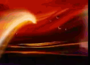 a painting of a sunset with a few crescent moons in the background