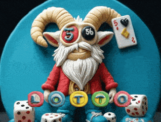 a statue of a goat with a beard and horns has the number 56 on his eyes