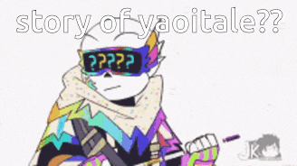 a cartoon character wearing sunglasses and a scarf with the words story of yaoitale written on it .