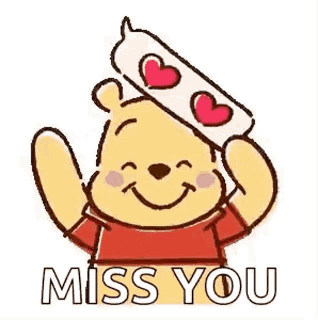 winnie the pooh is holding a speech bubble with three hearts on it and says `` miss you '' .