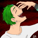 a man with green hair is laughing and covering his nose with his hand