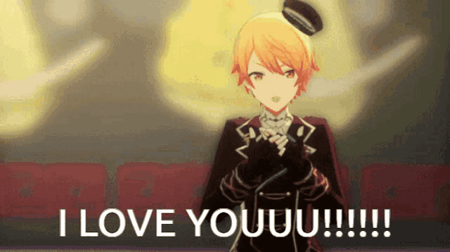 a cartoon character says " i love youuu " in front of a stage