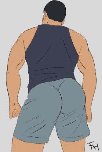 a drawing of a man in a tank top and shorts with the letters fh on the bottom right