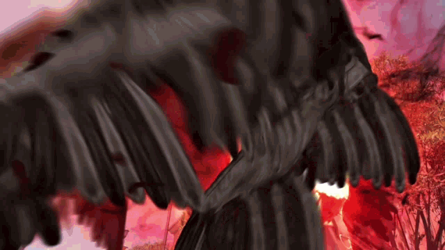 a painting of a black bird flying in the air