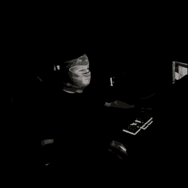 a man wearing a green ski mask is sitting in front of a computer keyboard
