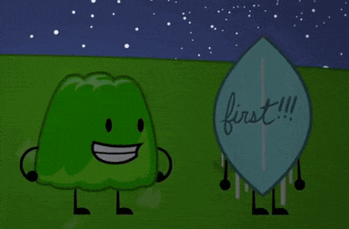 two cartoon characters standing next to each other one of which has the word first written on it