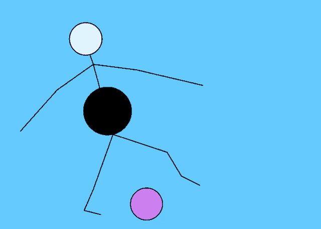 a stick figure is kicking a pink ball with a black circle in the middle
