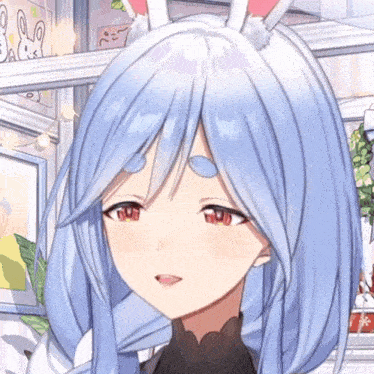 a close up of a girl with long blue hair and red eyes