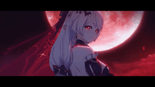 a girl with long white hair and red eyes is standing in front of a full moon