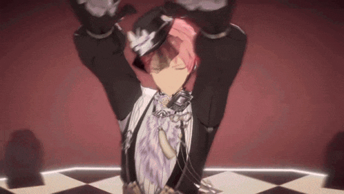 a man with pink hair is dancing on a checkered floor with his hands in the air .
