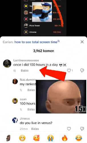 a screenshot of how to see total screen time with an arrow pointing to a bald man 's head
