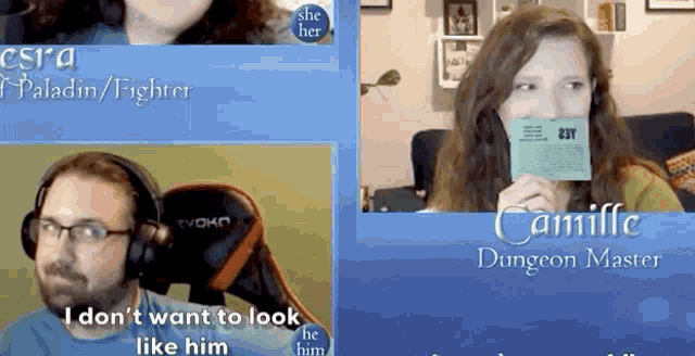 a man and a woman are playing a game and the woman is holding a card that says camille dungeon master