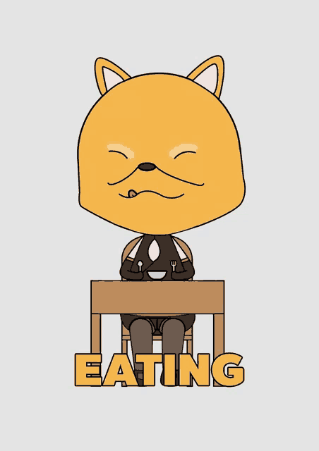 a cartoon of a cat sitting at a table with the word eating underneath it