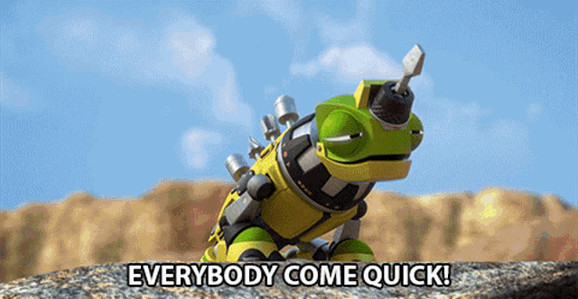 a cartoon lizard is sitting on a rock with the words everybody come quick below it