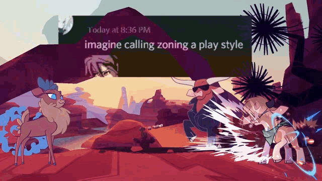 a cartoon of a bull and a deer with the words imagine calling zoning a play style on the bottom