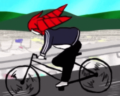 a drawing of a person riding a bicycle with a red head