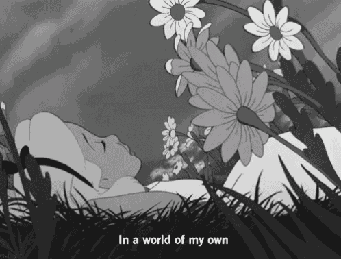 a black and white cartoon of alice in wonderland sleeping in the grass