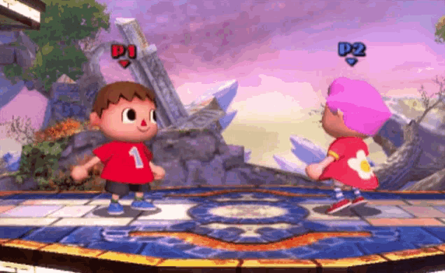 a boy in a red shirt with the number 1 on it is standing next to a girl in a pink dress