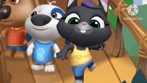 a couple of cartoon characters standing next to each other on a wooden deck