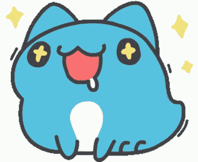 a cartoon drawing of a blue cat with a yellow star in the background