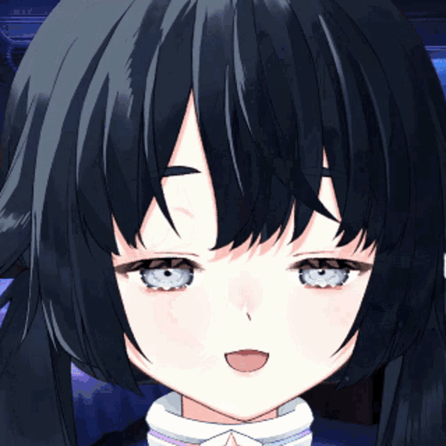 a close up of a girl with blue eyes and black hair